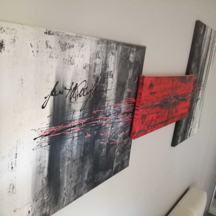 Obraz tryptyk abstrakcja nowoczesny szary czerwony olejny