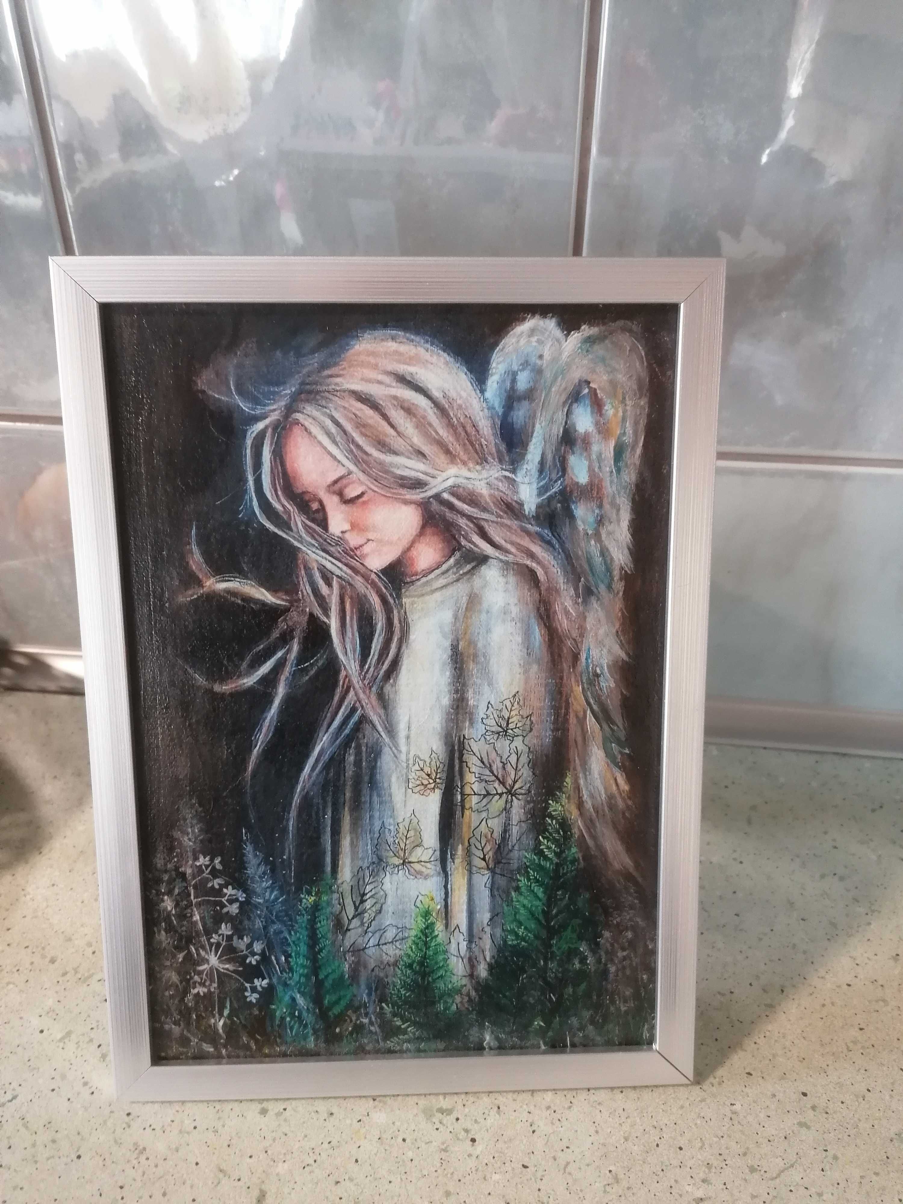 Aniołek pamiątka komunia chrzest obrazek w ramce23x32