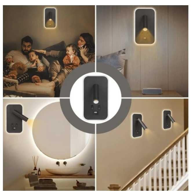 Ścienny LED  z portem USB do ładowania i dwoma źródłami światła
