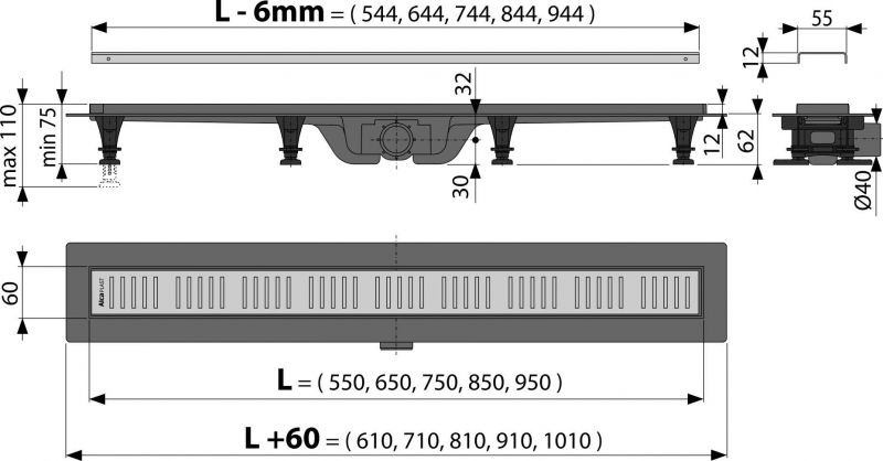 Трап душевой alcaplast kollerpool (Чехия) 55,65,75,85,95 см для душа