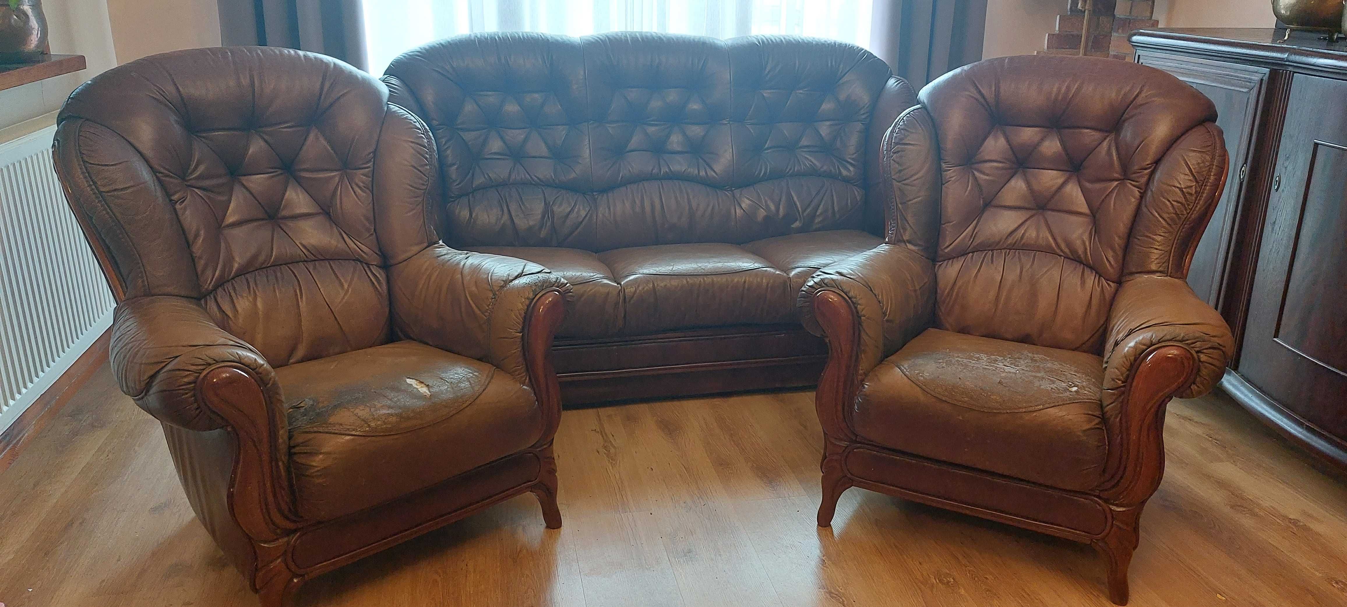 skórzana kanapa z funkcją spania + dwa fotele gratis do renowacji