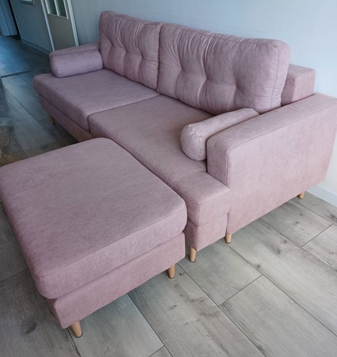 Sofa/Kanapa z funkcją spania + pufa/podnóżek - Pudrowy róż