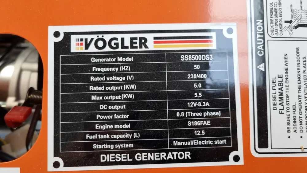 Agregat prądotwórczy 3 fazowy generator Diesel 5,5Kw, Germany VÖGLER