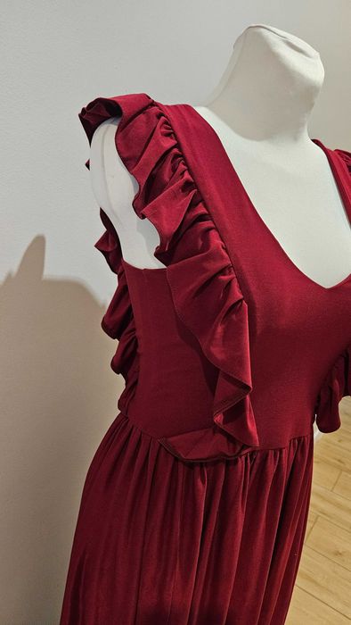 Sukienka Maxi z wycieciem bordowa tenezito s falbany  komunia wesele