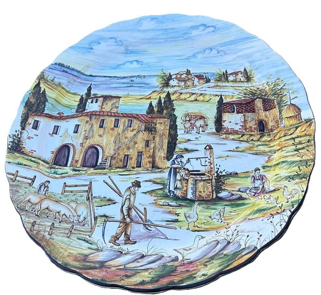 Prato antigo de grandes dimensões, pintado à mão, assinado