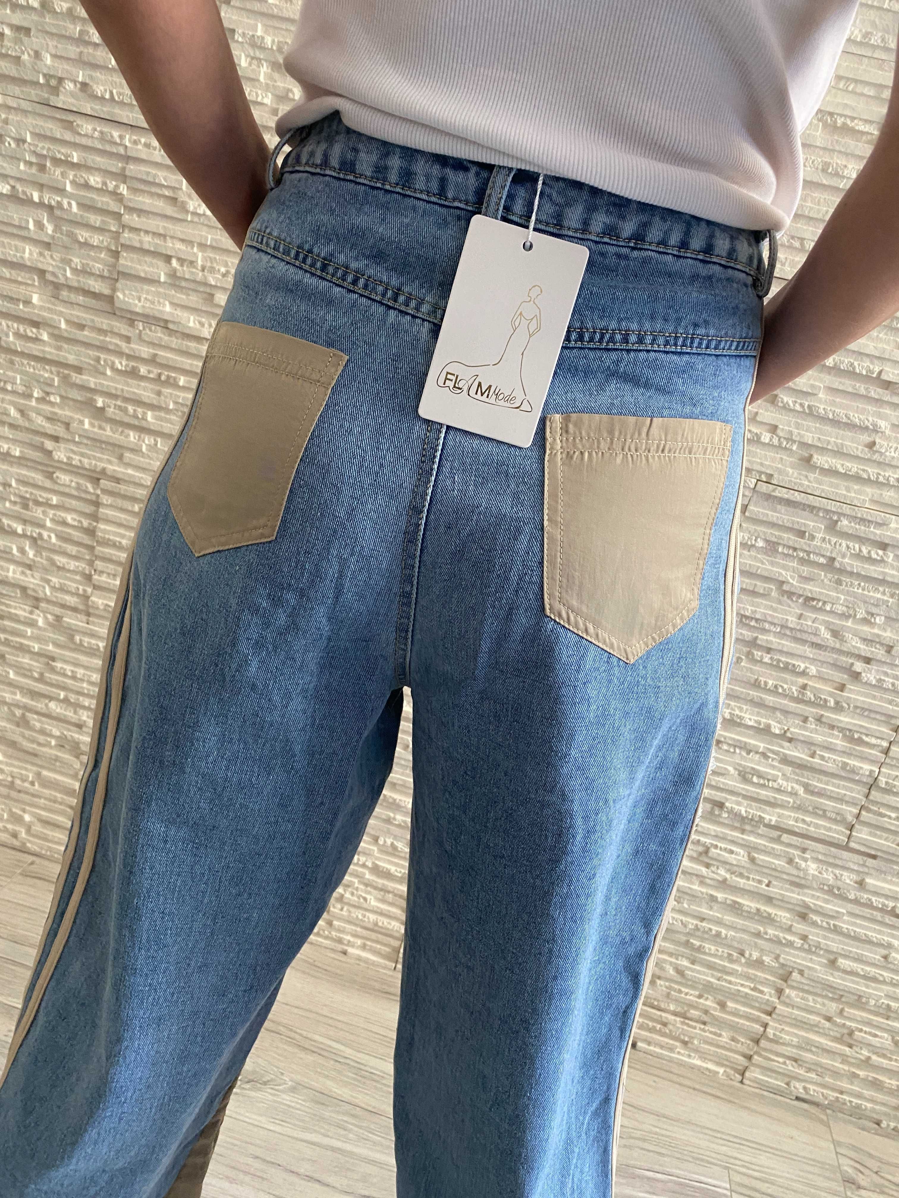 Flam Moda nowe spodnie pumpy - prosta nogawka z paskami jeans