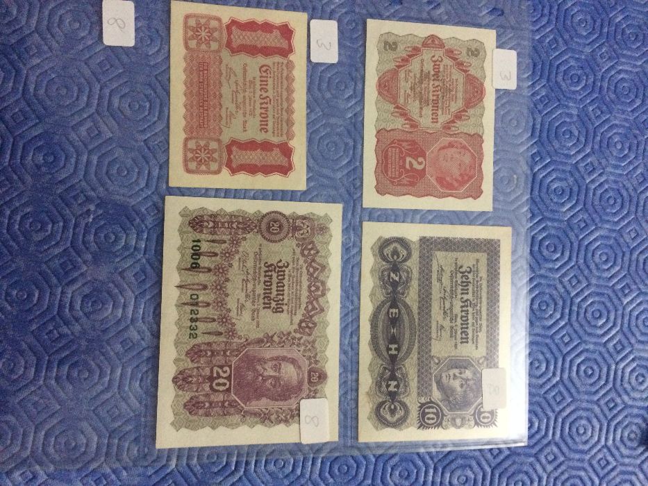 AUSTRIA 4 notas NÃO CIRCULADAS 2 de JANEIRO 1922 -1, 2, 10 e 20 KRONEN