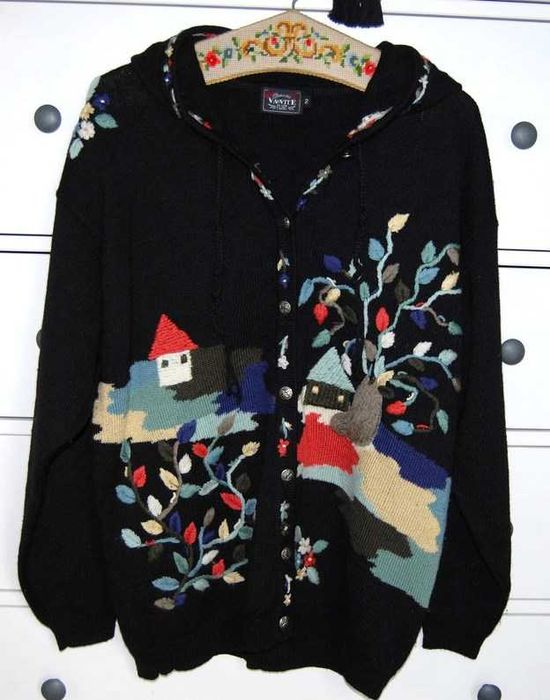 Va Vite sweter kardigan 100% wełna elficki kaptur haft cottagecore hit