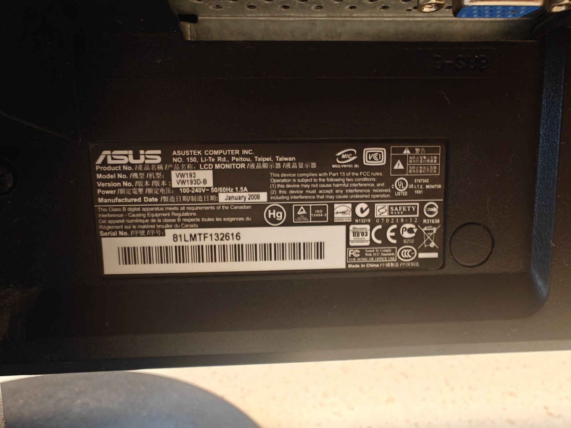 Monitor ASUS LED VW193 roz 1440x900 19 cali