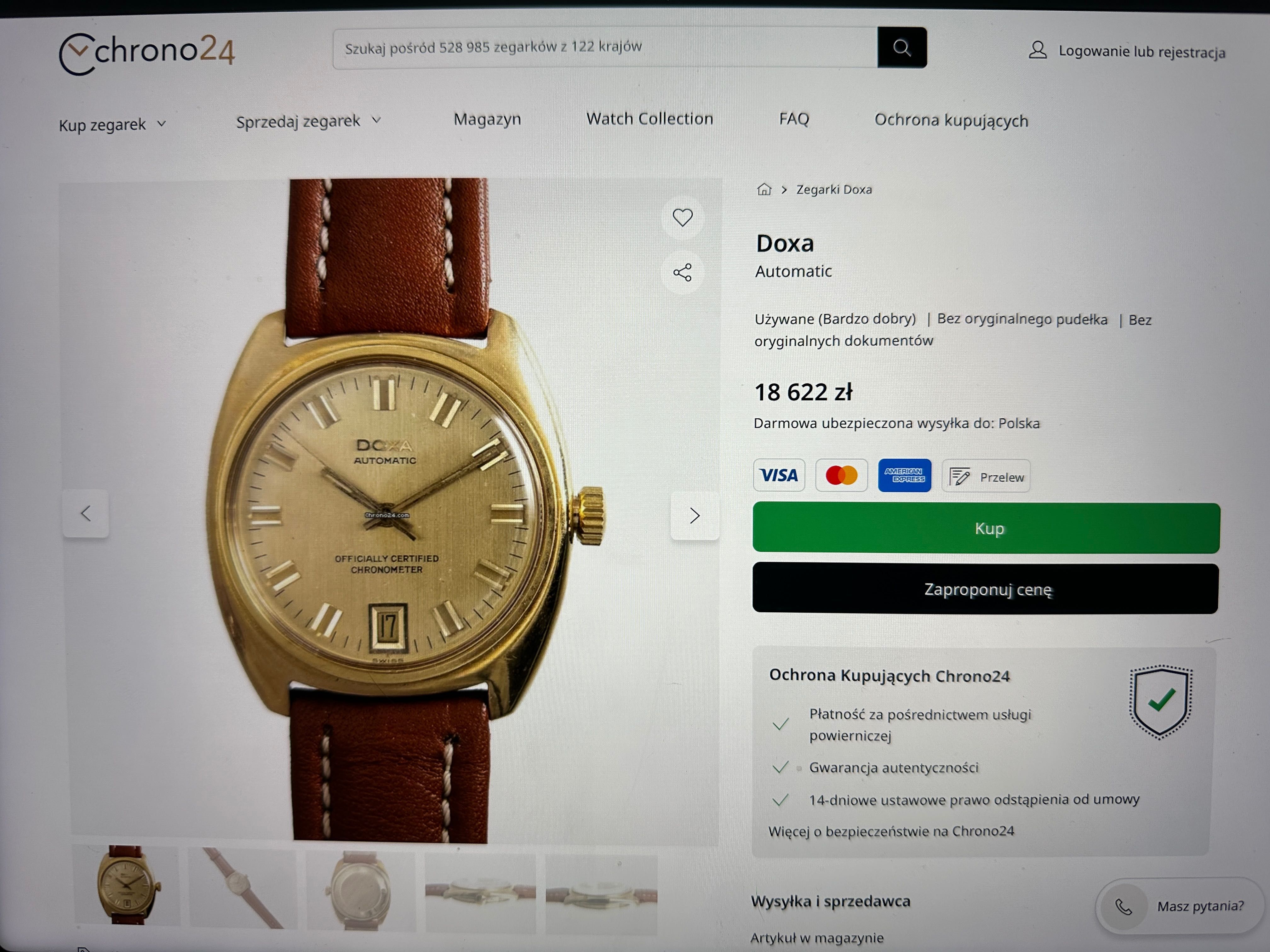 Złoty zegarek Doxa automatic złoto próba 750