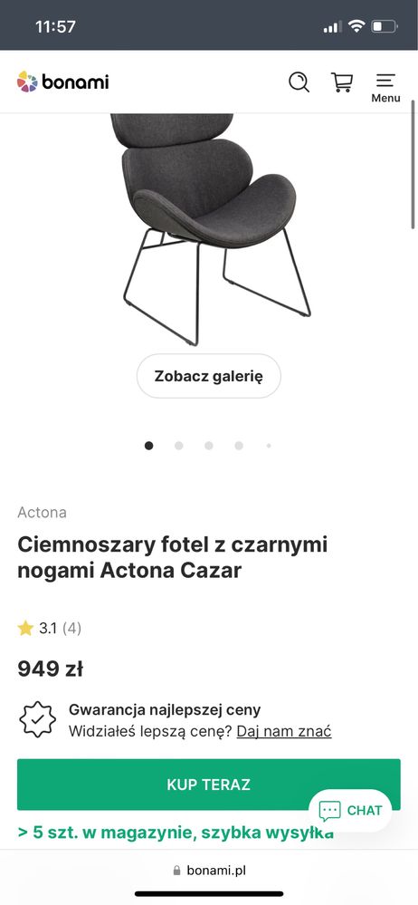 Industrialny fotel tapicerowany z czarnymi nogami actona