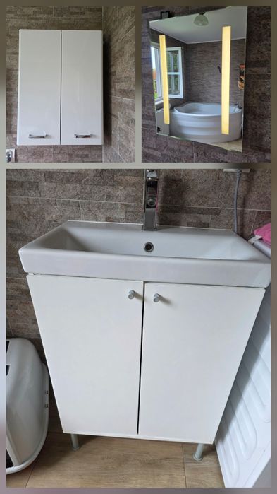 Komplet umywalka, bateria, szafka pod umywalkę, szafka wisząca, lustro
