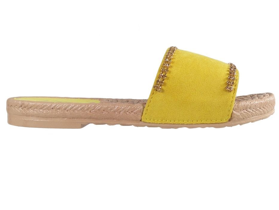 Żółte klapki damskie z cyrkoniami płaskie buty 36