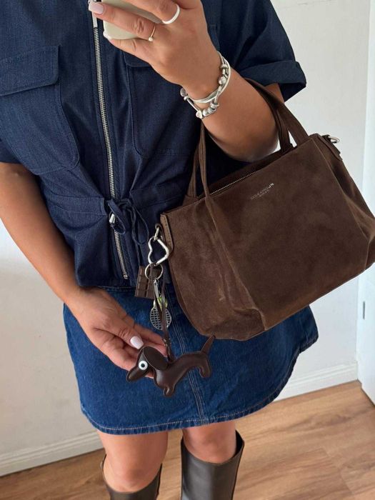 Torebka Flora&Co brązowa czekoladowa zamsz Eco zamszowa shopper brelok