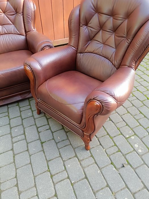 Komplet skórzany 3+1+1, sofa i fotele, styl Ludwikowski, skóra natural