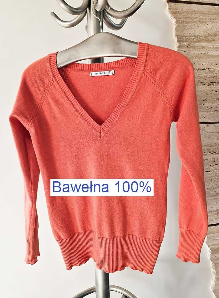 Sweter dekolt w szpic bawełna 100%, czerwono-pomarańcz., Reserved– M