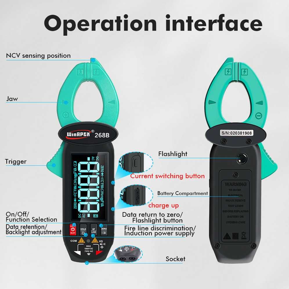 Клещи токовые WINAPEX 268B мультиметр AC/DC для дома и авто, заряд USB