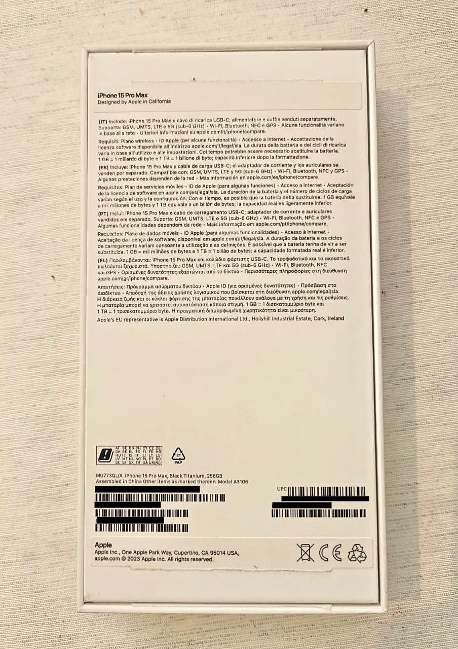 iPhone 15 Pro Max - Black/256 GB (película, capa, cabo, caixa, fatura)