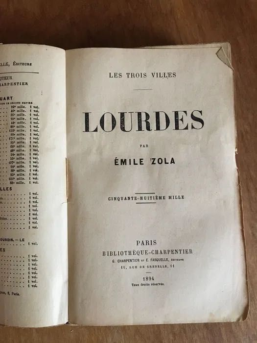 ÉMILE ZOLA - Lourdes - 1a edição (Francesa) - 1894