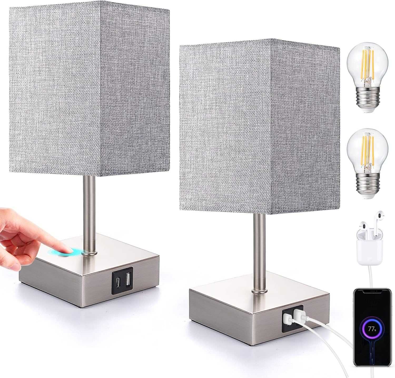 Lampka nocna LED, dotykowa, ściemniana, zestaw 2 szt.,port USB