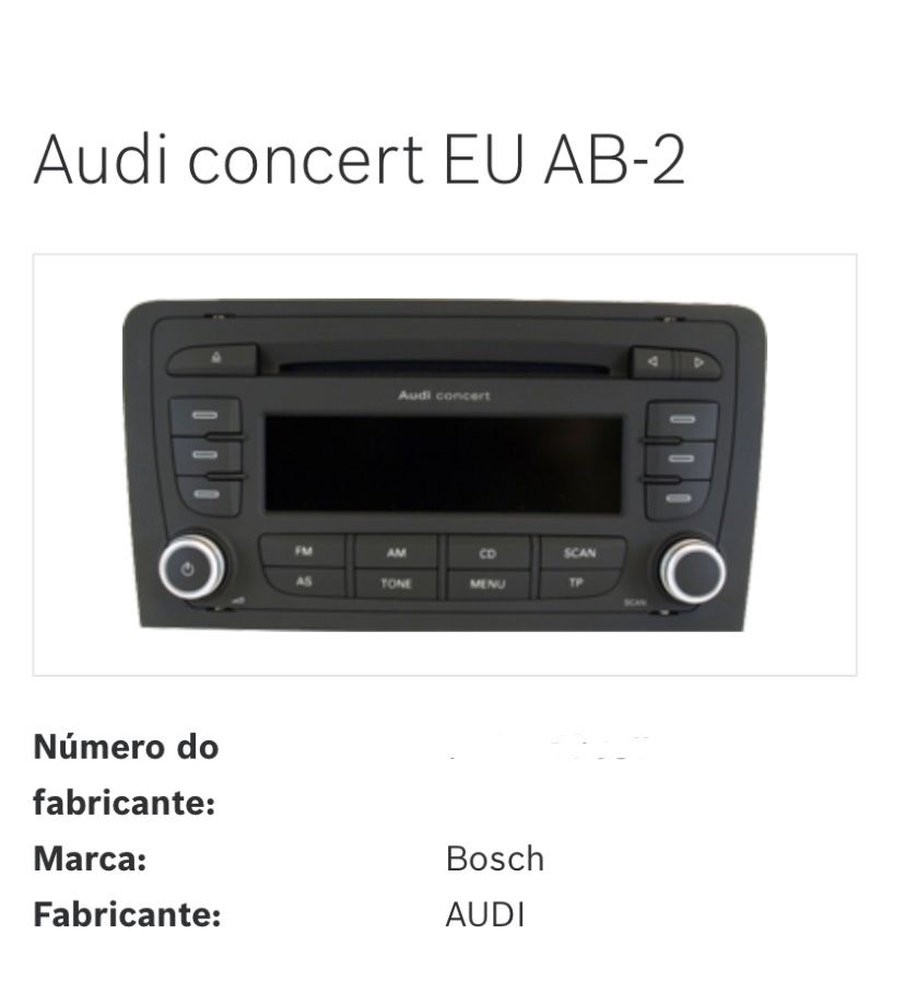 Auto Rádio Audi concert EU AB-2 com leitor de cd’s e código