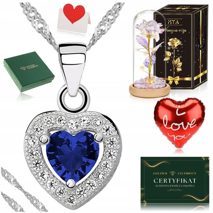 Piękny Srebrny Naszyjnik Serce Próba 925 + Róża Wieczna Led W Szkle Pr