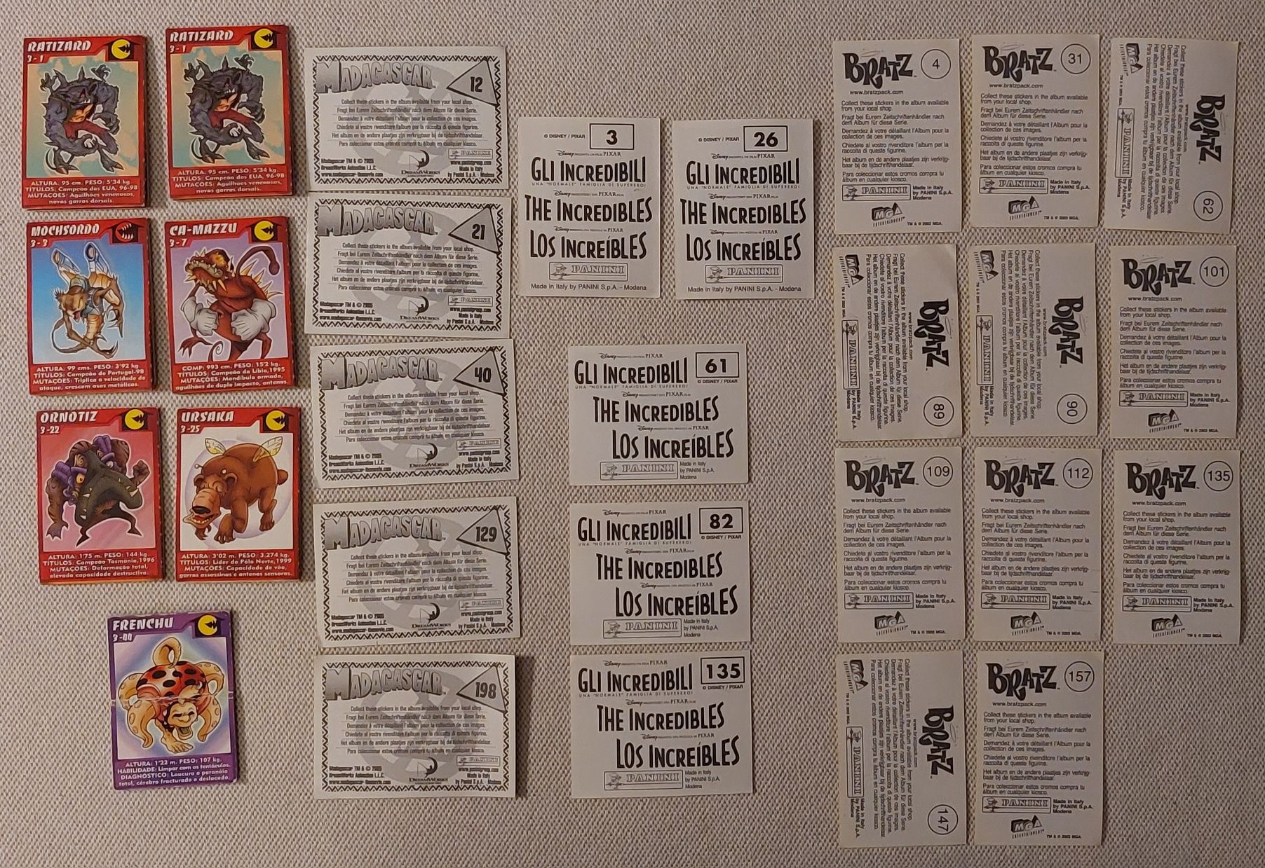 Vários cromos, Planeta Mutante, Madagáscar,  Os incríveis, Bratz