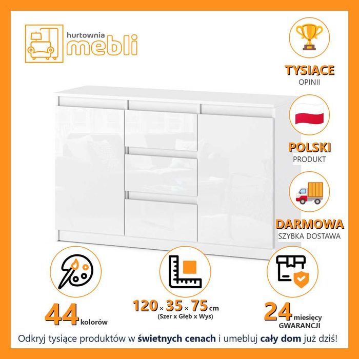 Komoda Agnes 120cm Nowoczesna z 3 Szufladami Biały Połysk Do Sypialni