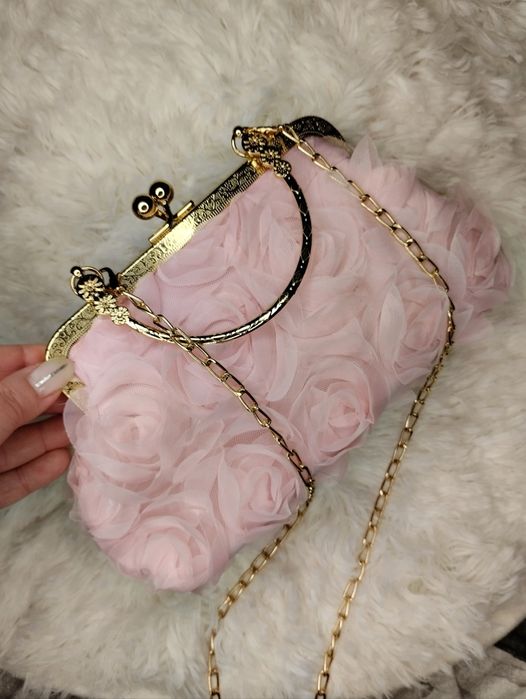 Elegancka torebka kopertówka róże 3D, glamour nowa