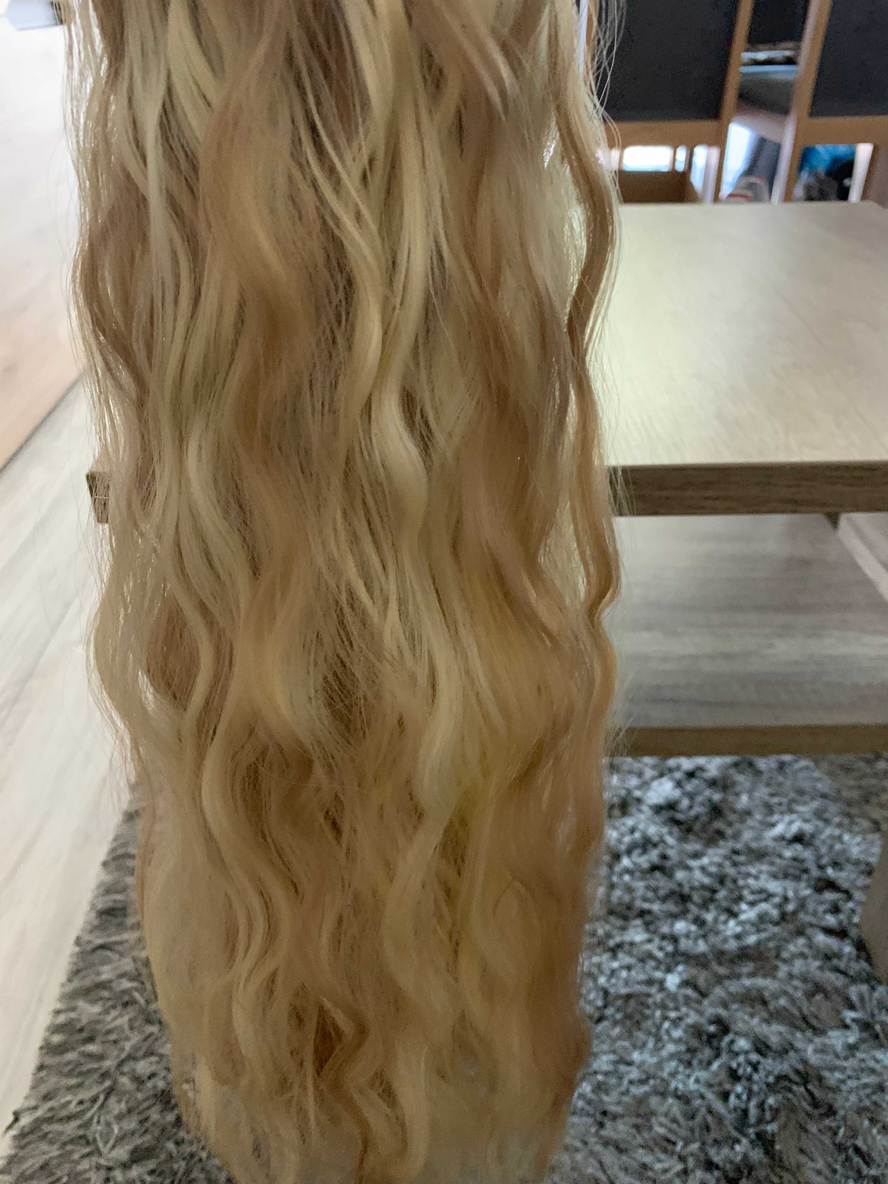Doczepiany kucyk falistymi ciemny jasny blond kręcony długi 60 cm