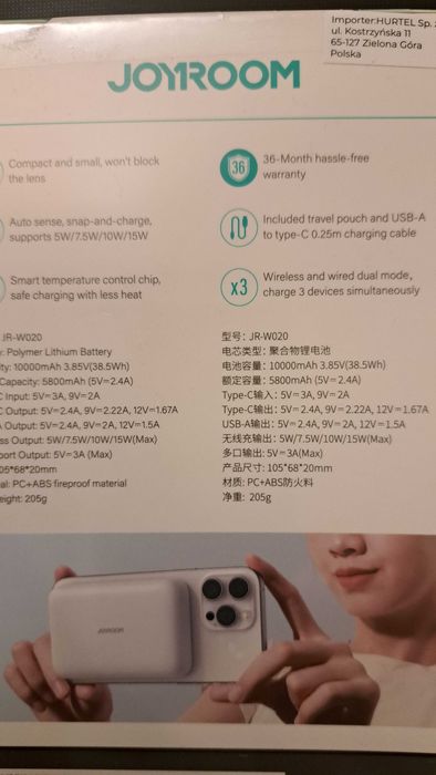 JoyRoom Powerbank 10000mAh 20W MagSafe + kabel USB-C 0.25m biały, NOWY