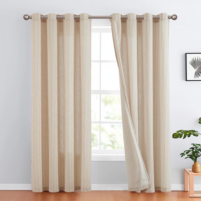TOPICK Zasłona do Salonu z Oczkami 130x245 cm Beżowa w Paski 1 Sztuka