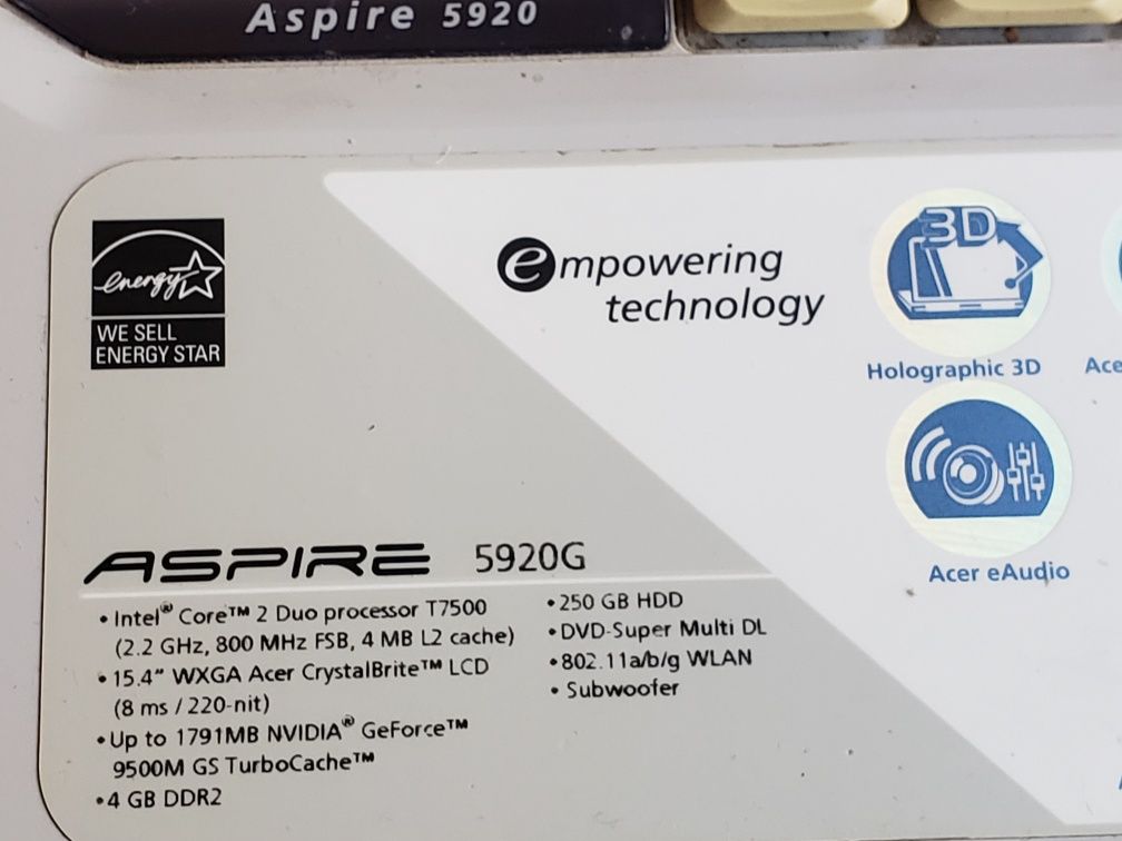 ноутбук Acer Aspire 5920 G Core 2 Duo, видеокарта GeForce 9500