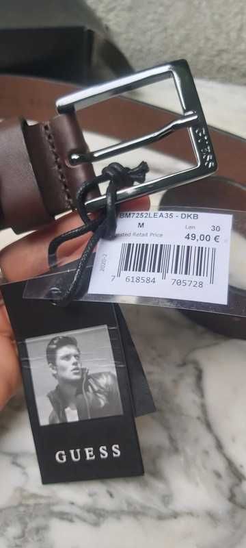 Nowy pasek GUESS 100% Skóra skorzany M 95cm brązowy wada t042 męski
