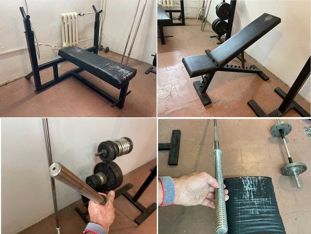 Siłownia domowa oldschool wyposażenie obciążenie +300kg sztanga ławka