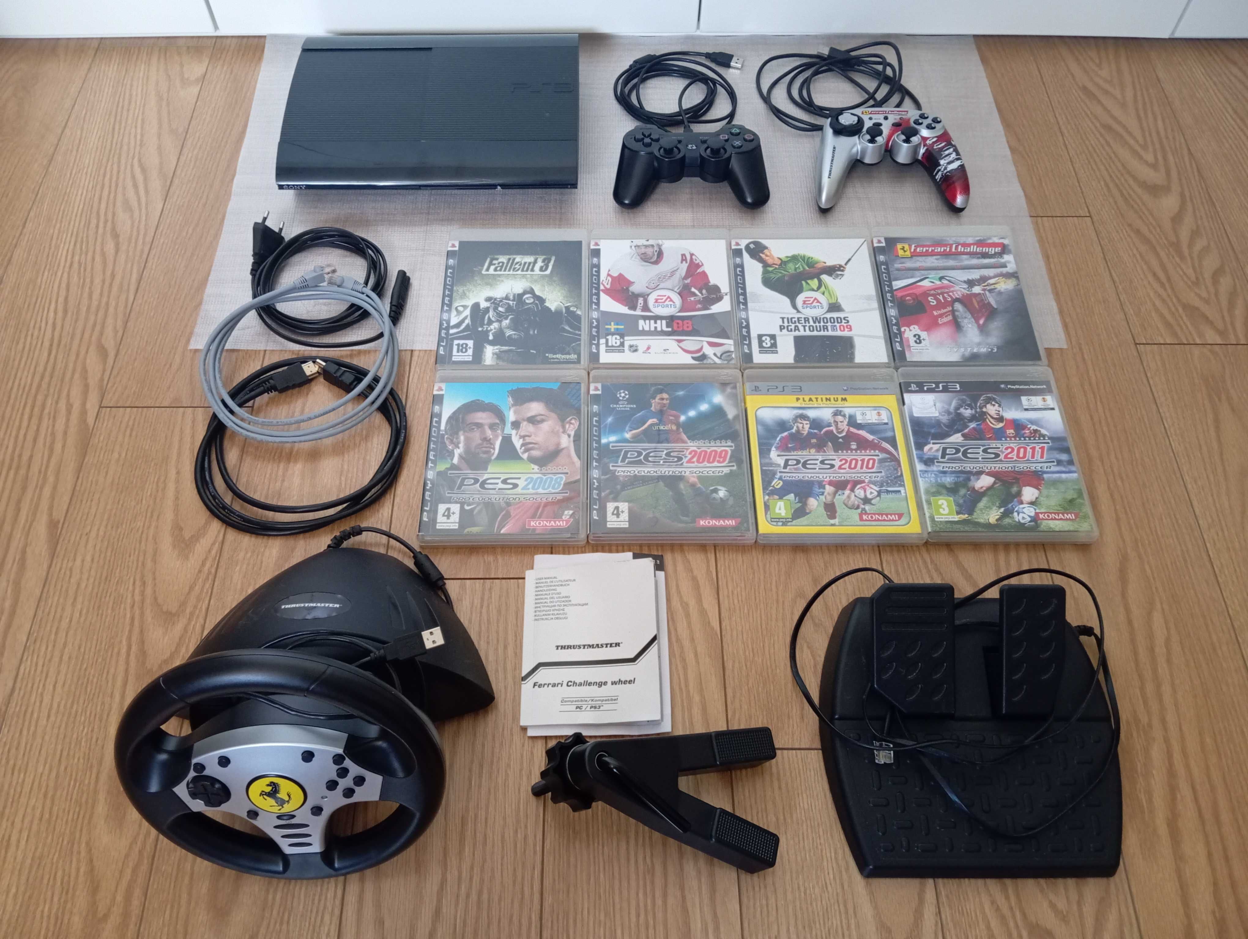 PS3 super slim PlayStation 3, volante e pedais, 2 comandos e 8 jogos