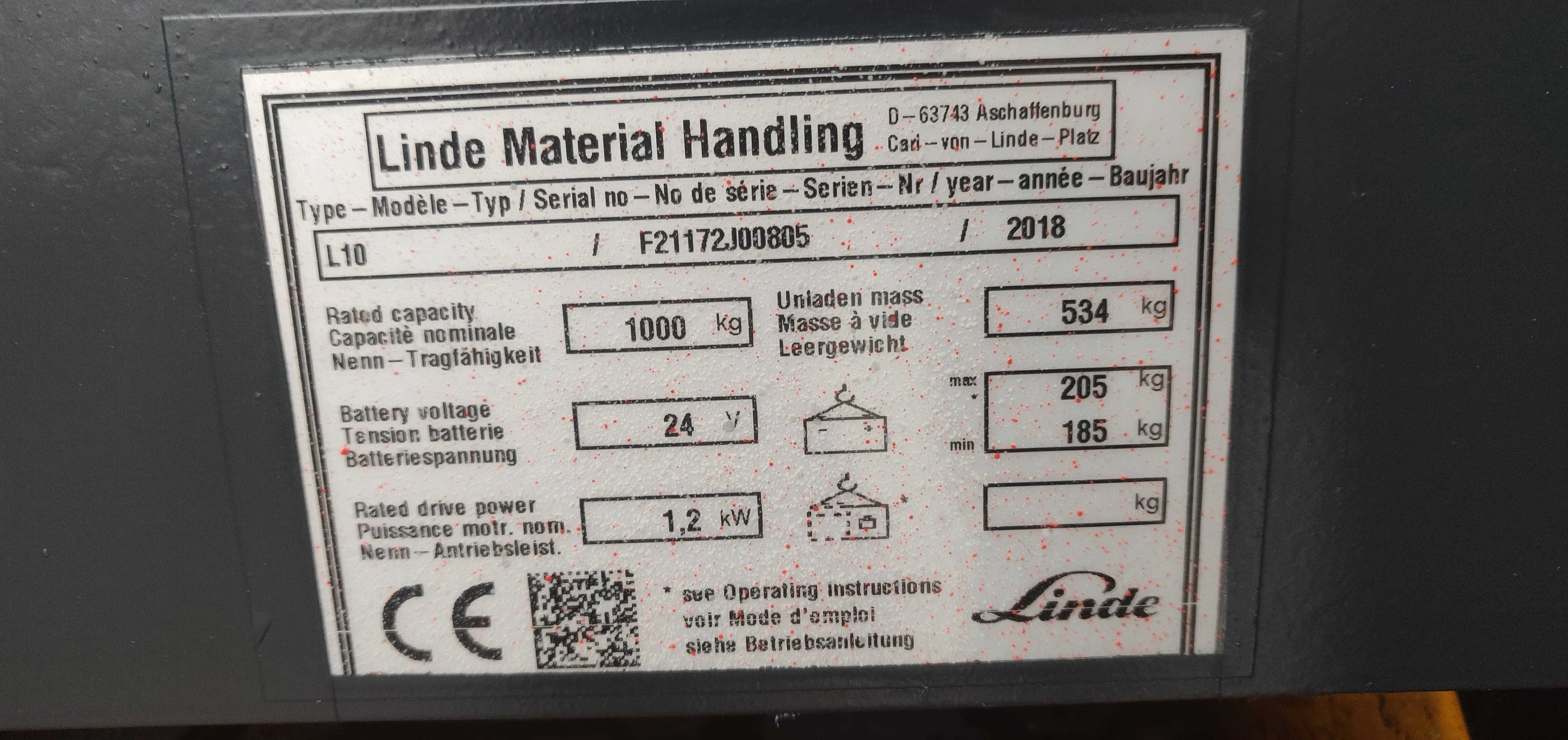 Stacker LINDE L10 Elétrico 1000kg - LINDE L10 1.8m BATERIA NOVA