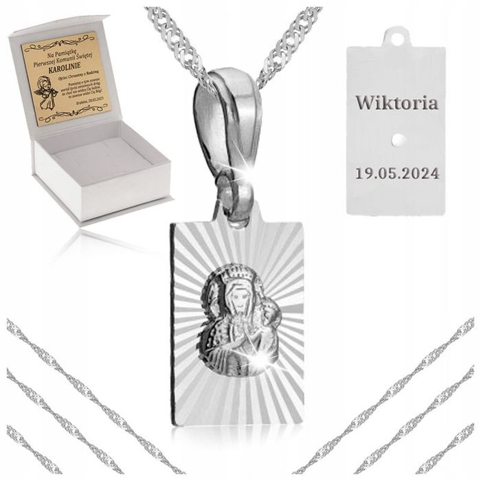 Srebrny Łańcuszek + Medalik Matka Boska Pr 925 Prezent Komunia Bierzmo