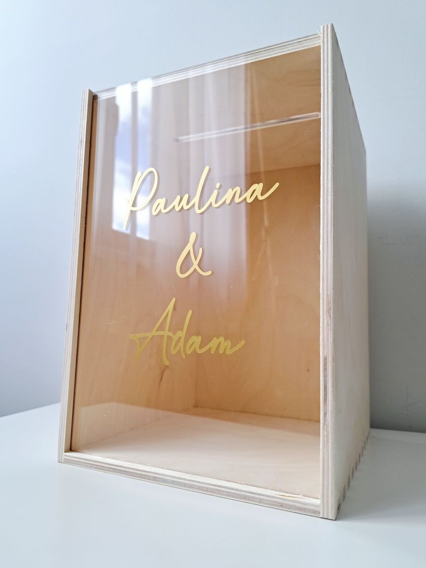 Personalizowane pudełko na koperty pleksi  złoty napis wesele ślub