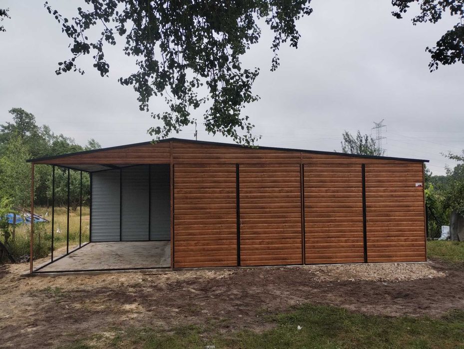 garaż blaszany 6x5,8 z wiatą, drewnopodobny, wiaty, hale