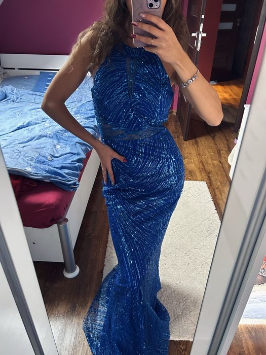 Sukienka maxi długa zdobiona niebieska cekiny brokat s m syrenka butik