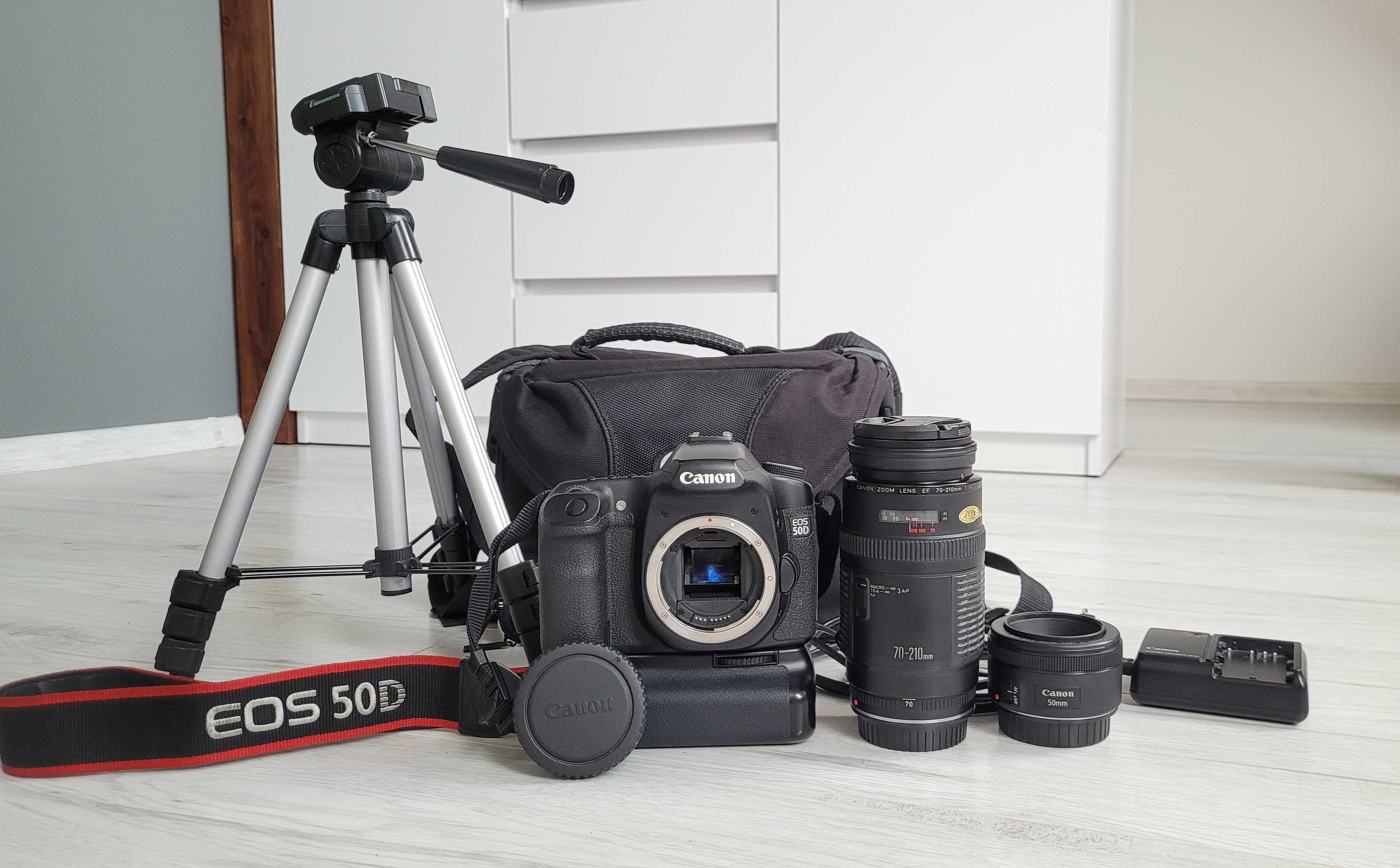 Lustrzanka Canon EOS 50D + obiektywy, dwie baterie i inne akcesoria