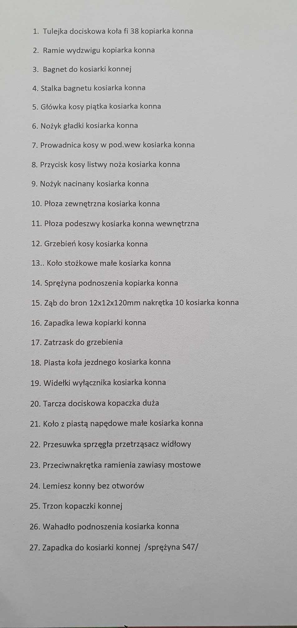 Części (kosiarka, kopaczka) konna.
