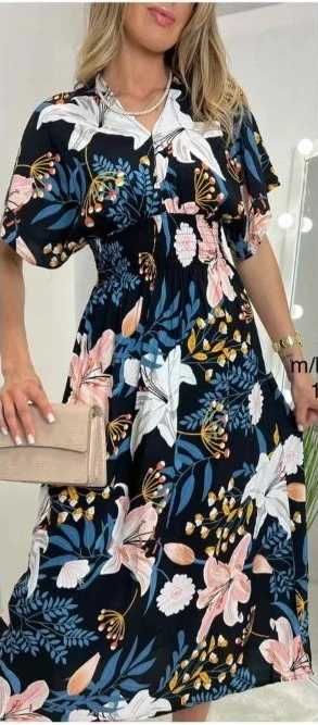 Mega sukienka na lato midi maxi kwiaty lilie L / XL