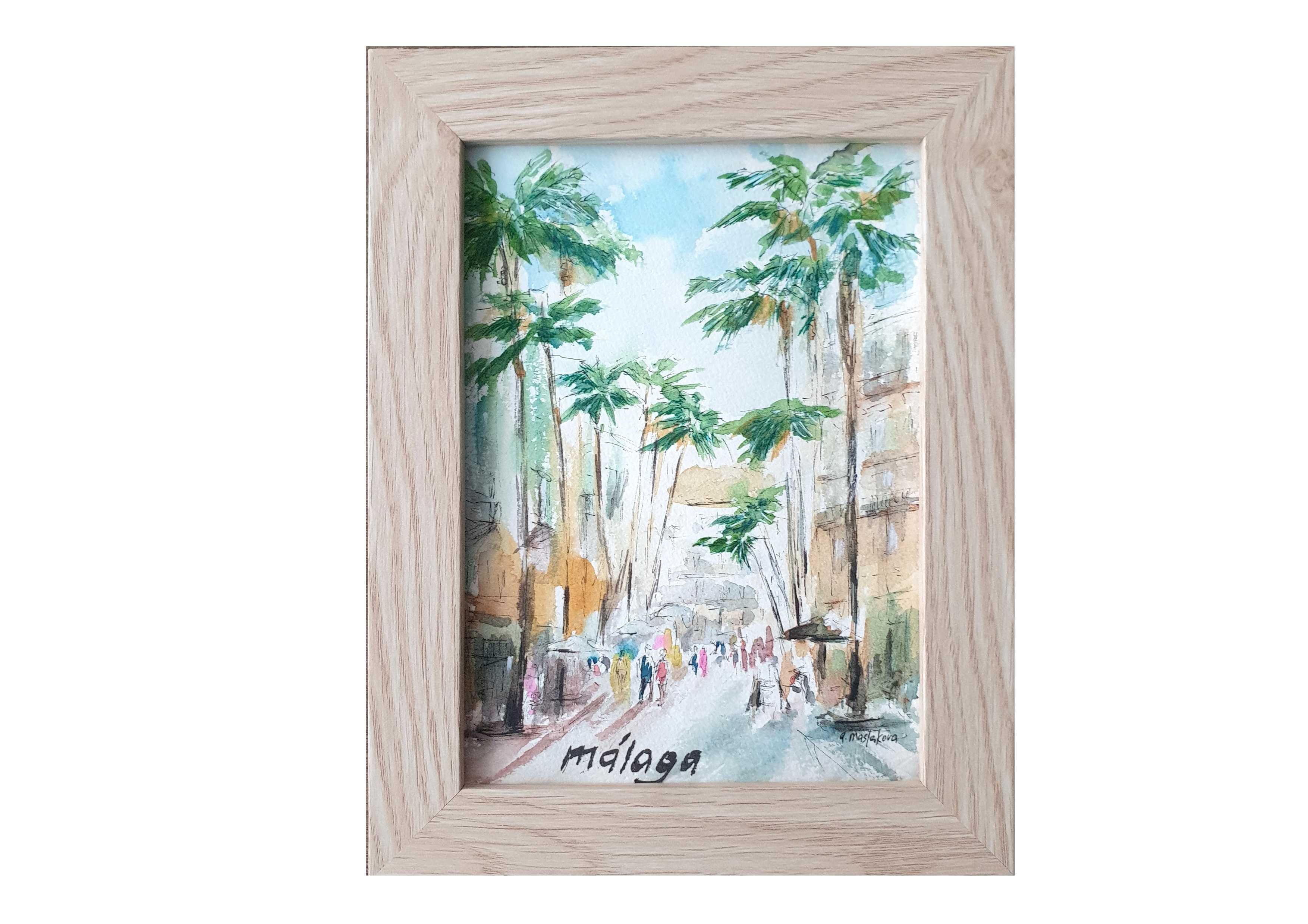 Obraz ręcznie malowany "Szkice z Hiszpanii" +rama palmy akwarela ulica