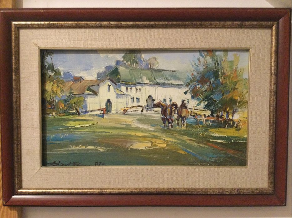 Obraz olejny,R.Lizut,Konie orzed stajnią w Janowie Podlaskim,unikat