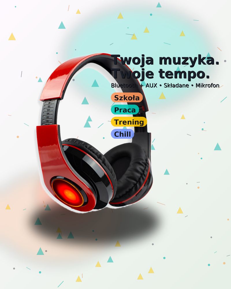Słuchawki BT + mikrofon  składane  AUX 3,5 mm  LED  4 kolory