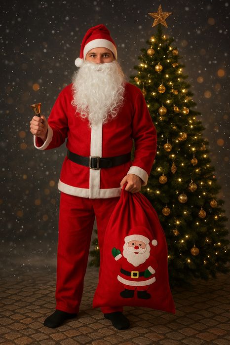 Strój mikołaja z długą Brodą, dzwonię i workiem