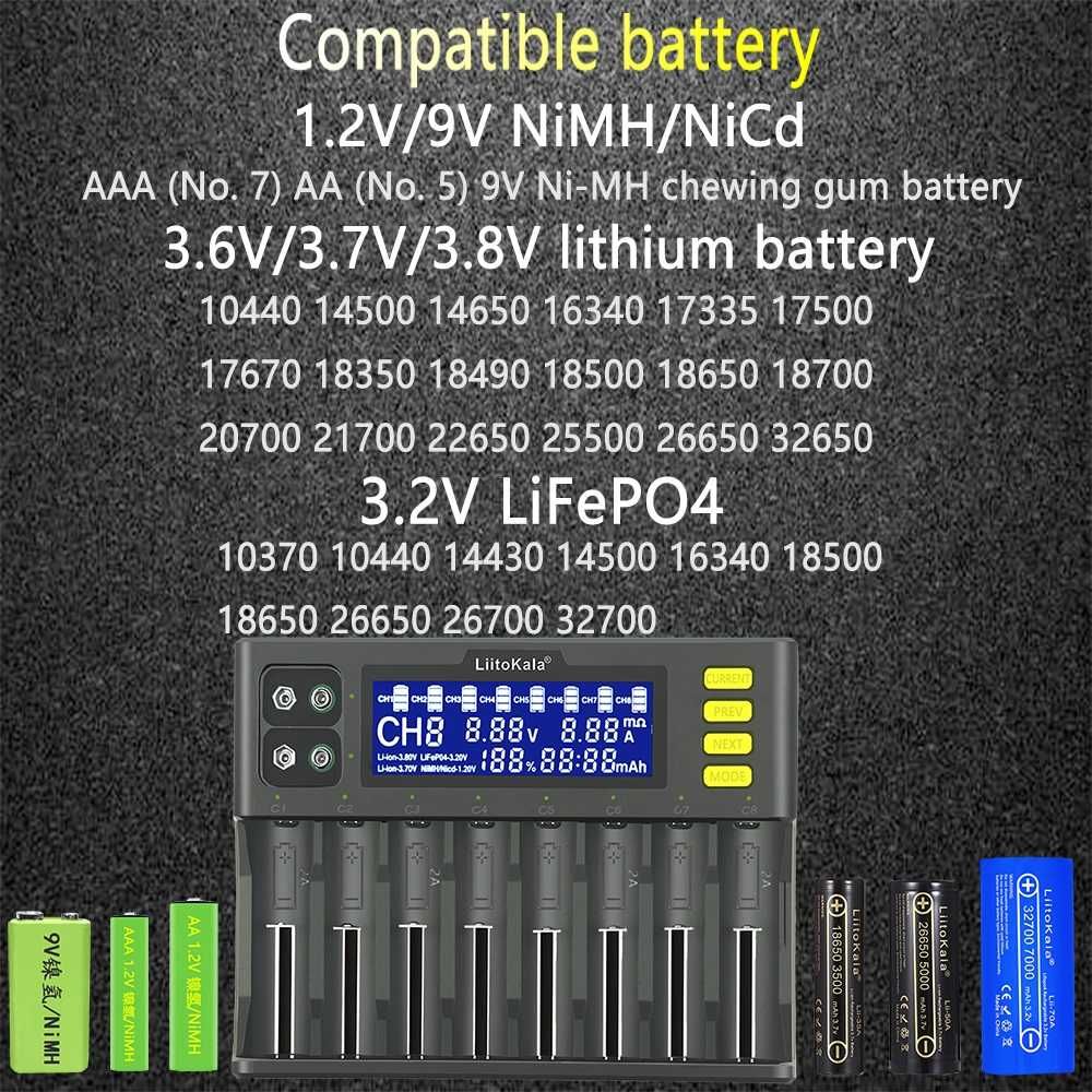 Carregador de pilhas/baterias LiitoKala LII-S8 com 8 slots  NOVO