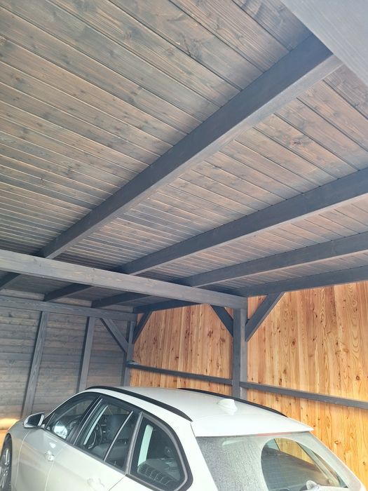 Garaż Carport Duża wiata samochodowa Modrzew duoromb elewacja nowoczes